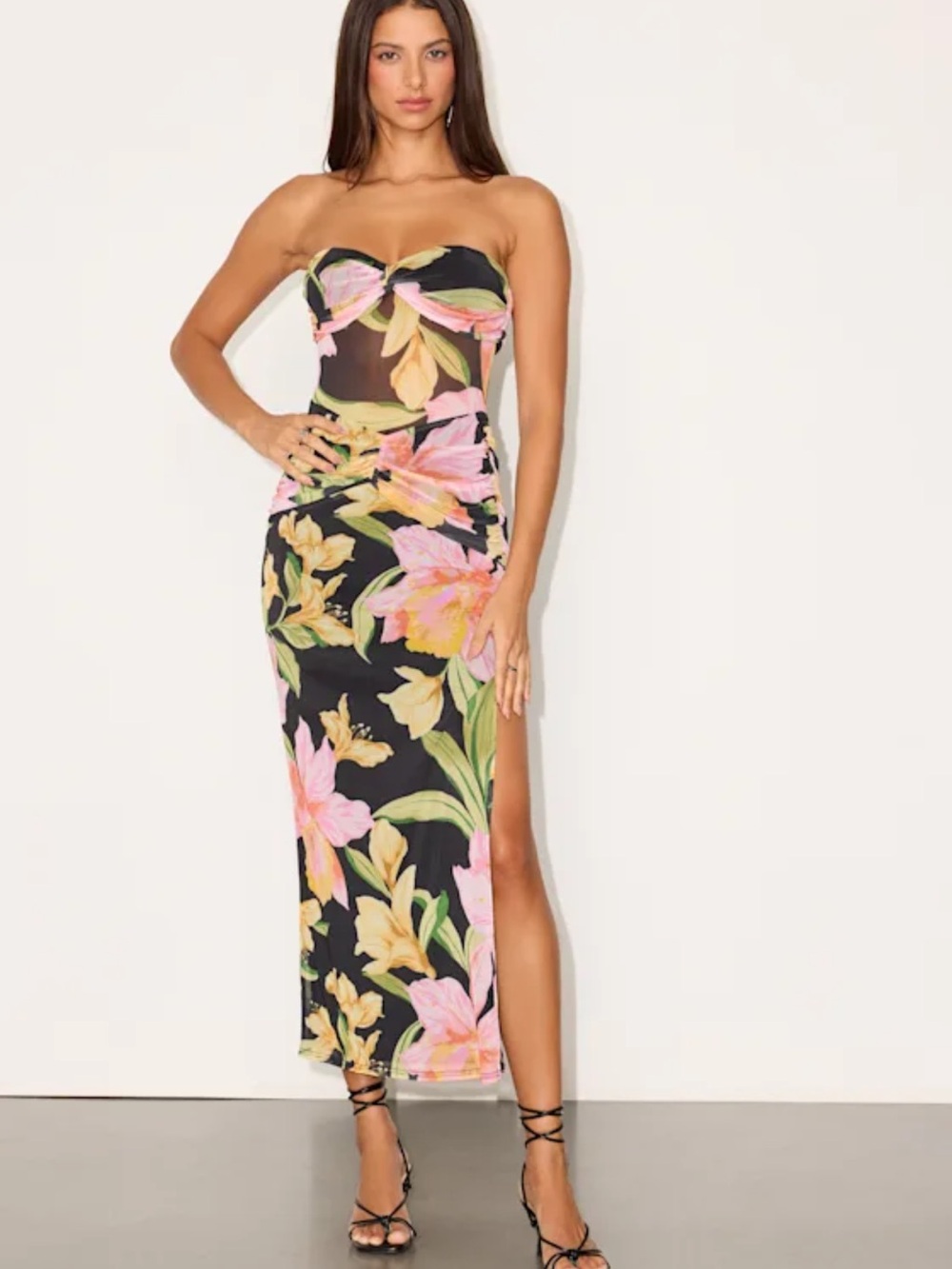 Lulus Bev Black Multi Floral Mesh Strapless Midi Dress NEW size XS